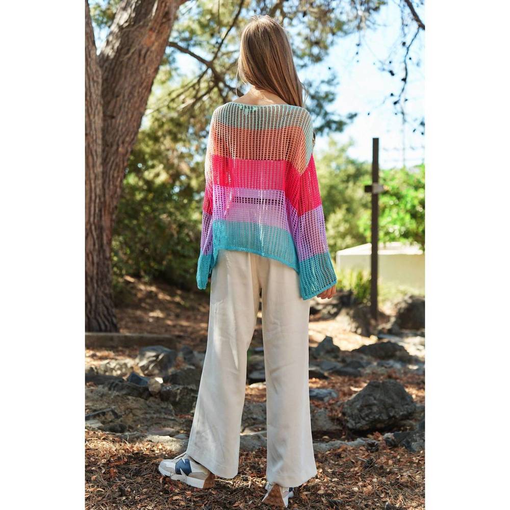 NEW DAVI & DANI crochet color block striped pullover in multi - Picture 2 of 2